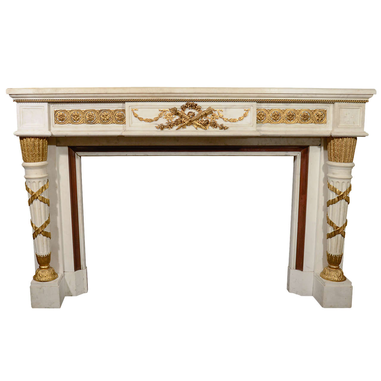 Palatial Antique French Louis XVI Style White Marble and Gilt Bronze Mantle