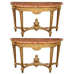 Pair Of Superb & Large Antique French Louis XVI Gilt Wood Consoles, ca.1870.