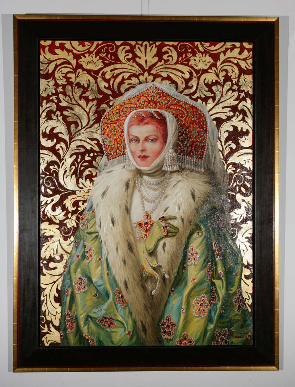 A dramatic painting of a Russian Tzarine on a gold-leafed damask background by contemporary artist, Frenchman, Thierry Bruet (born 1949).  Bruet has been both painter and sculptor for more than 30 yrs and is a master of the traditional technique of