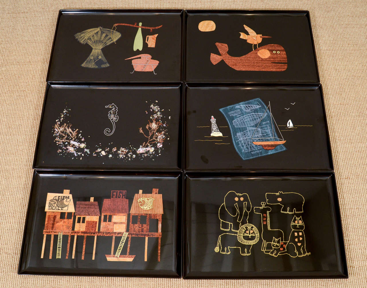 Each rectangular tray with various inclusions, depicting a variety of scenes and subjects with a black lacquered finish. Each sold individually.  Please email for images of available trays. 