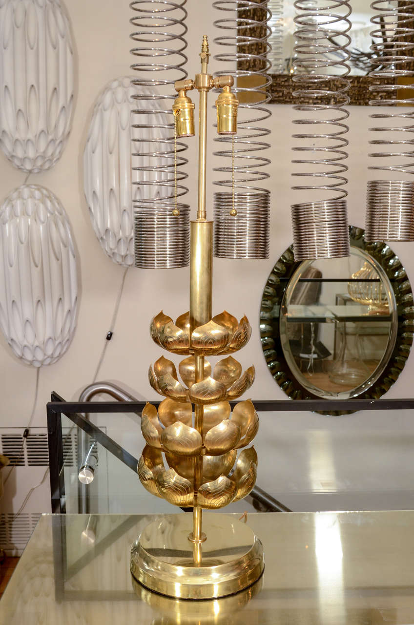 Pair Of Etched Brass Lotus Table Lamps By Feldman