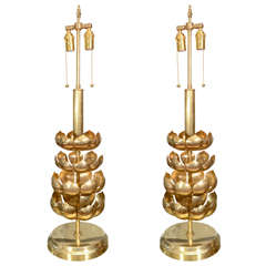 Pair Of Etched Brass Lotus Table Lamps By Feldman
