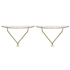 Pair Of Brass Wall Mounted Shelves With Glass Tops
