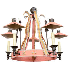Polychromed Tole Five Light Chandelier With Shades