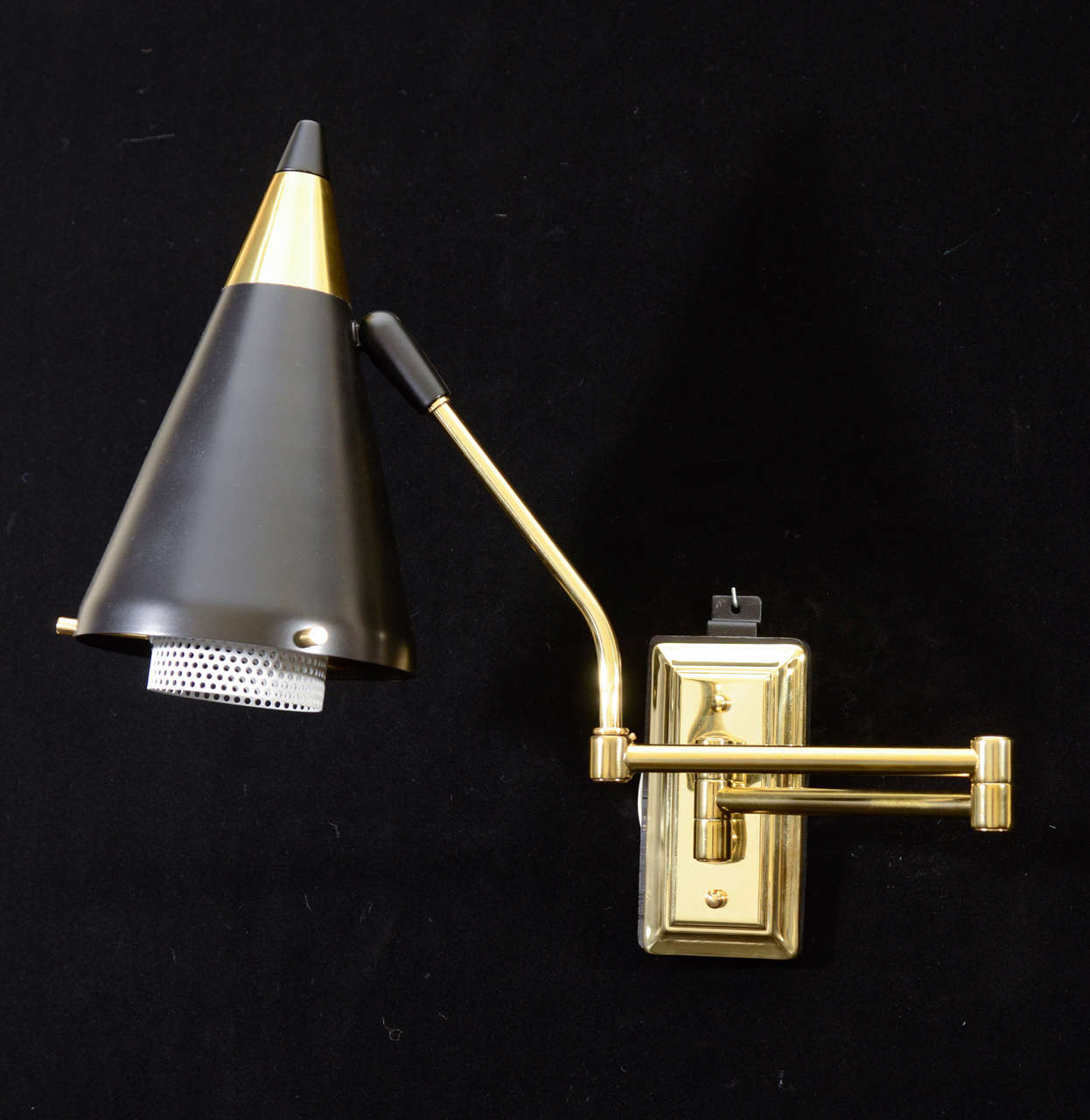 Pair of One Light Polished And Polychromed Brass Swing Arm Sconces With Tubular Diffuser.  The Top of The Cone Has An On/Off Switch.