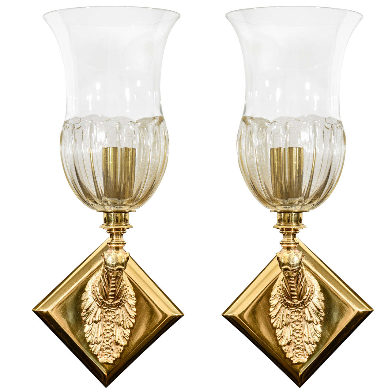 Gilt Bronze Napoleon III One Light Sconces With Murano Glass Shades For Sale