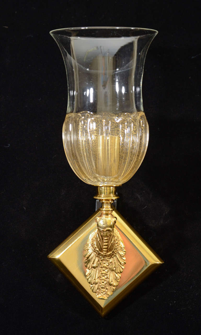 French Gilt Bronze Napoleon III One Light Sconces With Murano Glass Shades For Sale