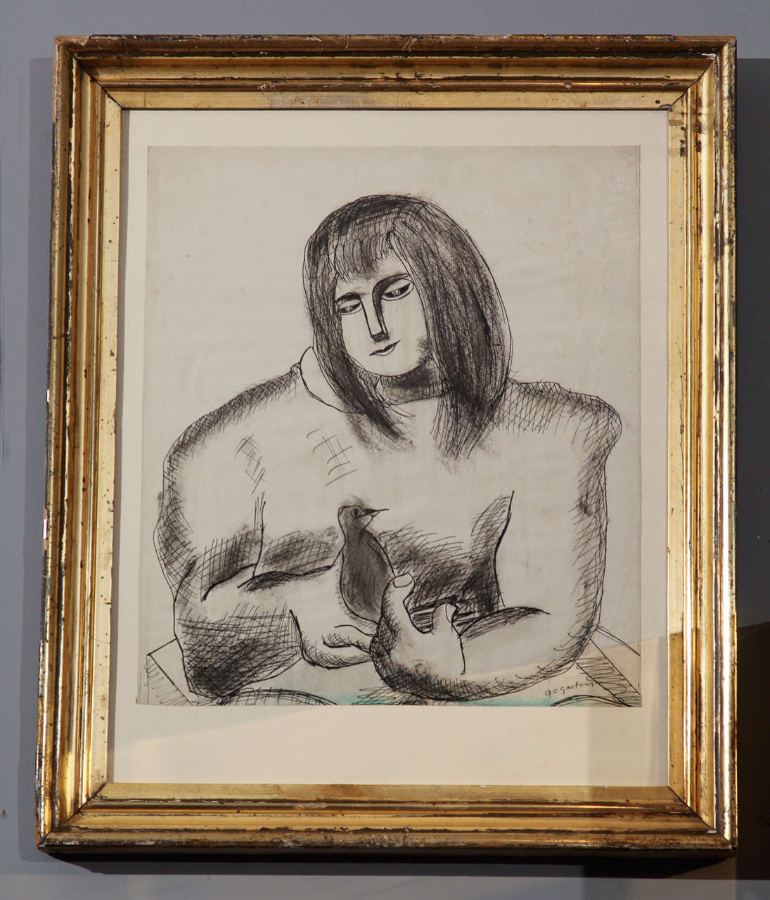 Drawing of girl holding bird in simple19th century gilt frame
signed g.o.gosten(?).