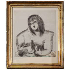 French Girl with Bird Framed Drawing 11