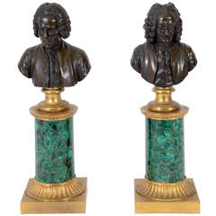 Pair Bronze Portrait Busts on Malachite/Gilt Bronze Bases, 19th Century