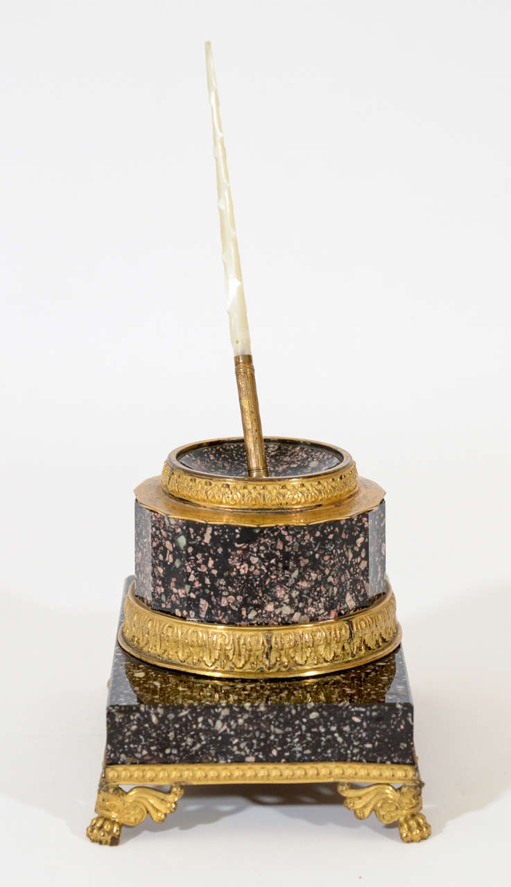 Fine Gilt Bronze-Mounted Porphyry Inkstand in Mottled Brown and White Tones with an Associated Mother-of-Pearl and Metal Quill Pen.  Late 19th Century

5 inches wide x 3.5 inches deep x 4 inches high