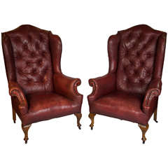 Antique Pair of Early 20th Century Red Leather Wing Back Chairs