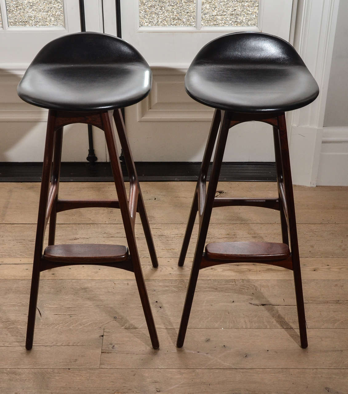 Mid-Century Modern Set of Six 1960's Erik Buch Barstools in Rosewood and Leather