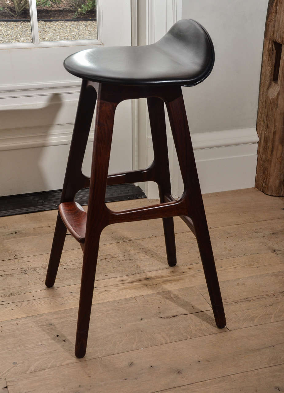 Danish Set of Six 1960's Erik Buch Barstools in Rosewood and Leather