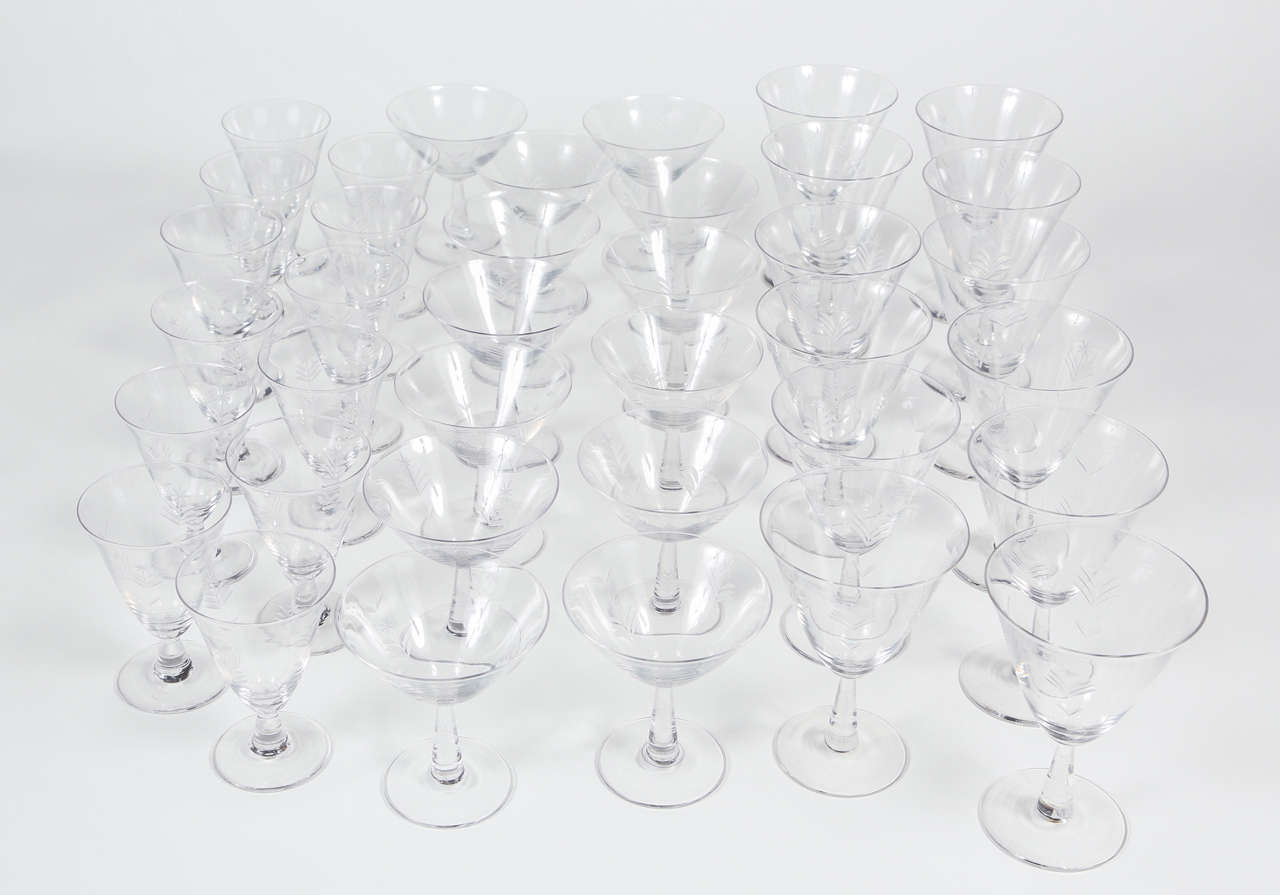 American Set of Mid-Century Etched Crystal Glasses