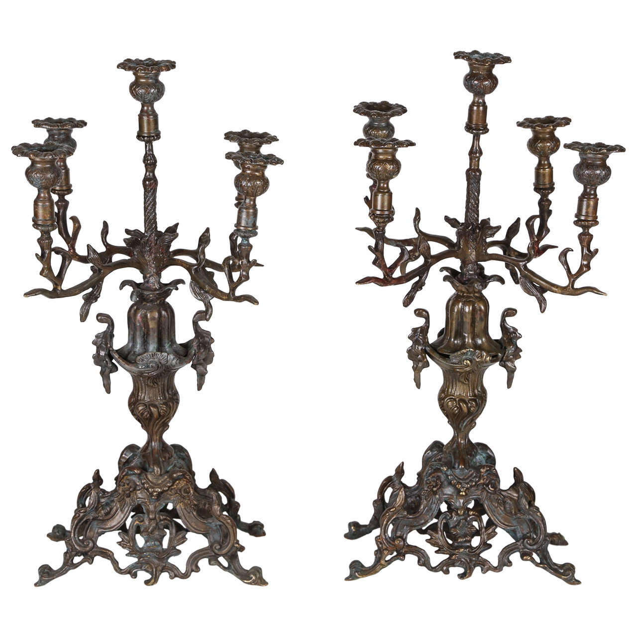 Pair of Antique Brass Candelabras at 1stDibs