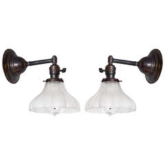 Pair of Patinated Brass Wall Lamps with White Glass Shades