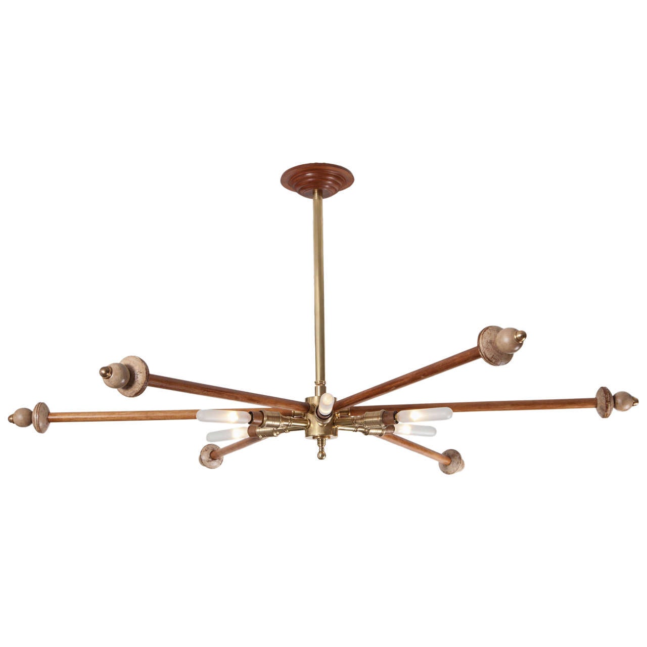 Wood and Brass Sputnik Light Fixture at 1stDibs