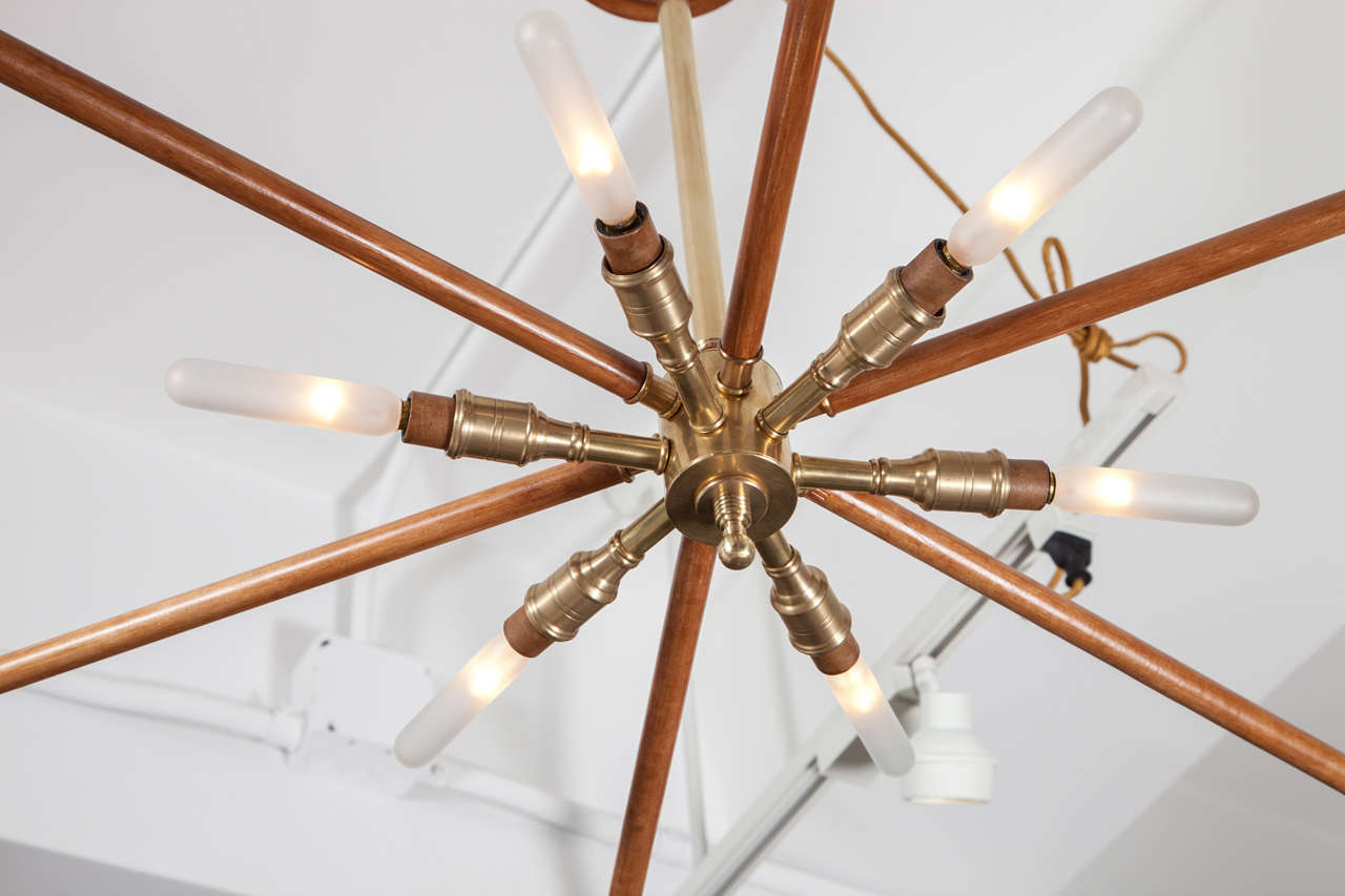 Wood and Brass Sputnik Light Fixture at 1stDibs
