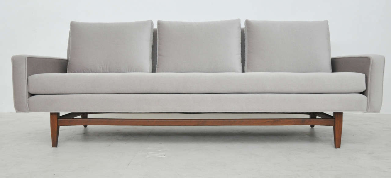 Sofa by Adrian Pearsall. Fully restored. Grey mohair upholstery over refinished walnut base.