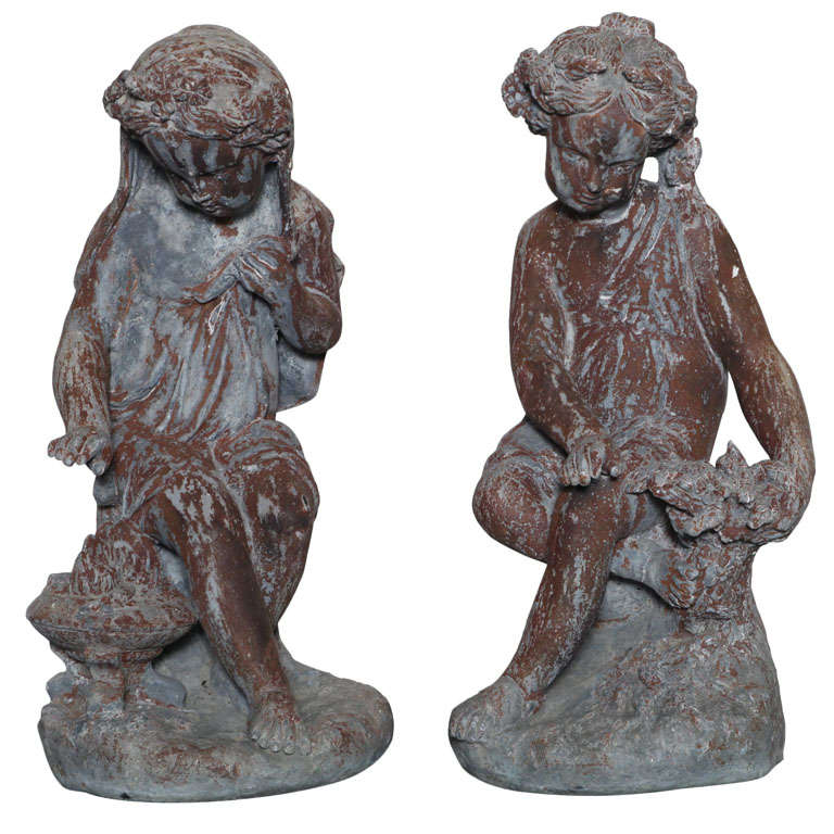 Pair of 19th Century Lead Garden Statues of Maidens