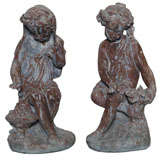Pair of 19th Century Lead Garden Statues of Maidens