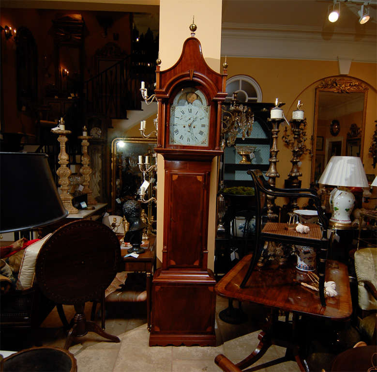 18thC GEORGE III SATINWOOD TALL CASE CLOCK,WITH MAHOGANY INLAY<br />
WITH BRASS SPIRE FINIALS<br />
AN ATLANTA RESOURCE FOR FINE ANTIQUES<br />
WE HAVE A VERY LARGE INVENTORY