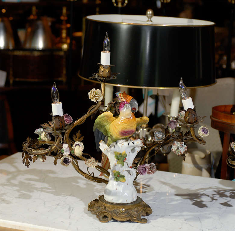 Pair of 19th Century French Porcelain Parrot and Floral Lamps In Good Condition For Sale In Atlanta, GA