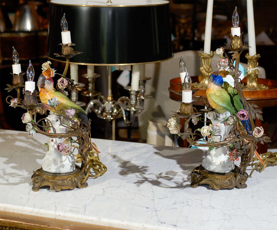 Pair of 19th Century French Porcelain Parrot and Floral Lamps For Sale 4