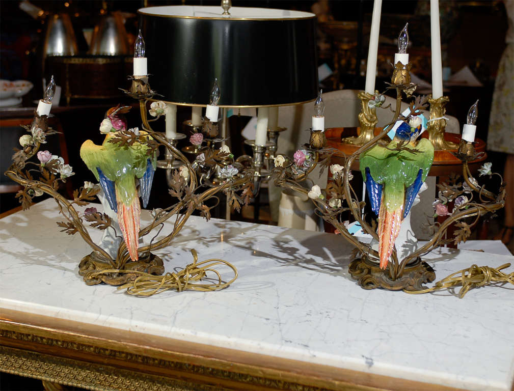 Pair of 19th Century French Porcelain Parrot and Floral Lamps For Sale 5
