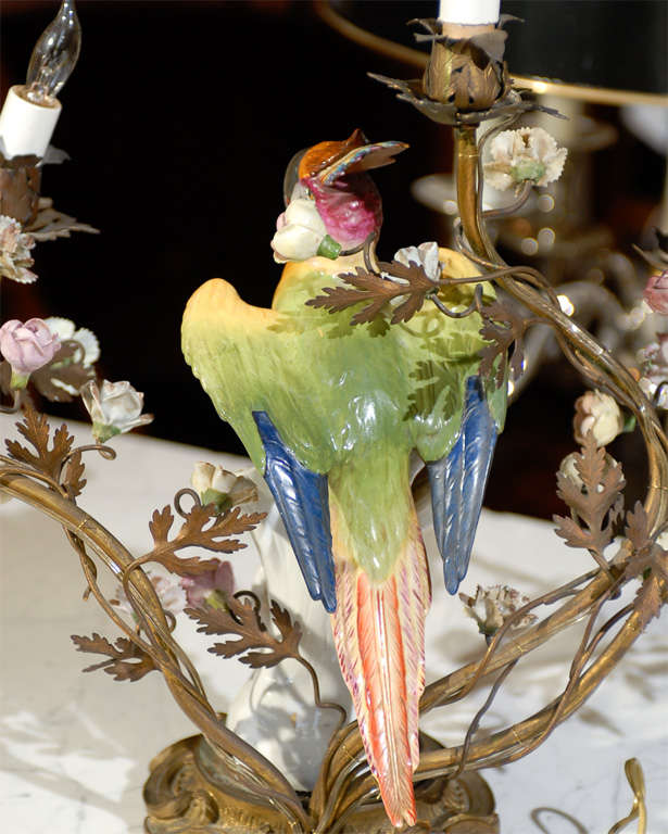 Pair of 19th Century French Porcelain Parrot and Floral Lamps For Sale 6