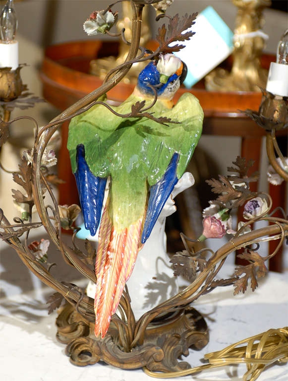 Pair of 19th Century French Porcelain Parrot and Floral Lamps For Sale 7