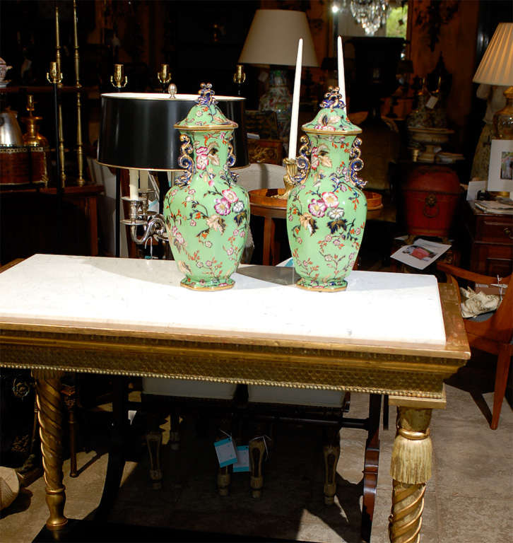 19thC ENGLISH IRONSTONE GREEN COVERED JARS,DOLPHIN HANDLES<br />
AN ATLANTA RESOURCE FOR FINE ANTIQUES<br />
WE HAVE A VERY LARGE INVENTORY ON OUR WEBSITE<br />
TO VISIT GO TO WWW.PARCMONCEAU.COM