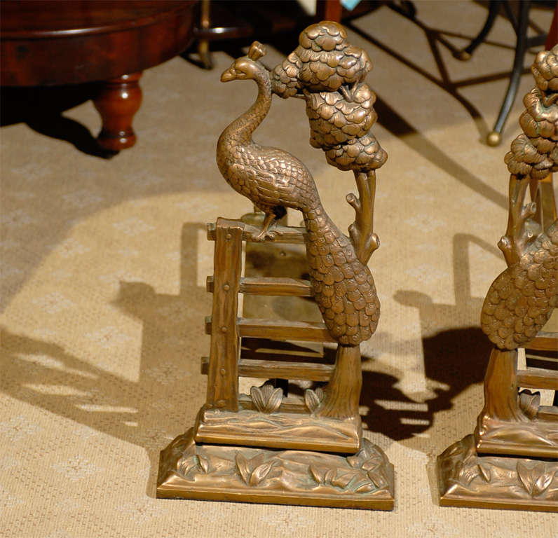 19th Century Pair Of Art Nouveau Brass Peacock Andirons