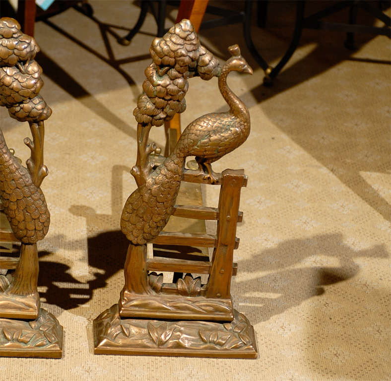 Pair Of Art Nouveau Brass Peacock Andirons 1