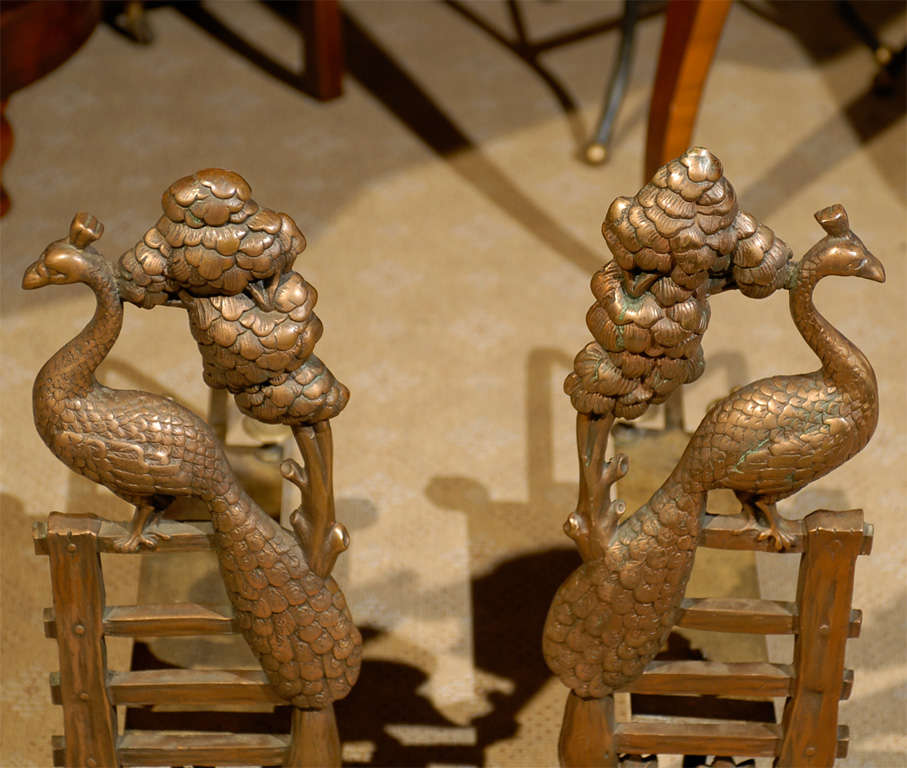 Pair Of Art Nouveau Brass Peacock Andirons 2