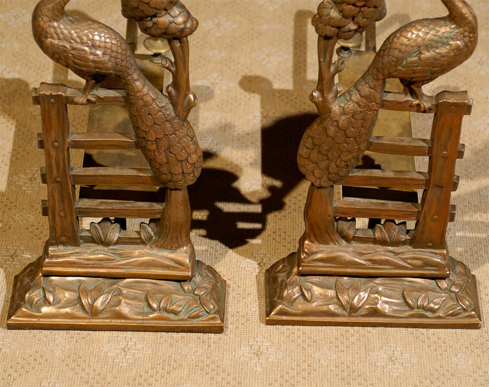 Pair Of Art Nouveau Brass Peacock Andirons 3