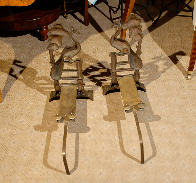 Pair Of Art Nouveau Brass Peacock Andirons 7