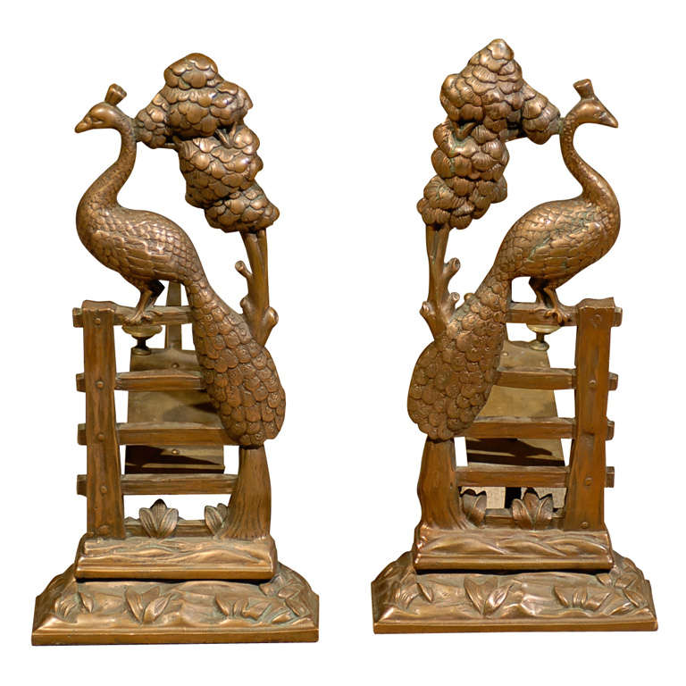 Pair Of Art Nouveau Brass Peacock Andirons
