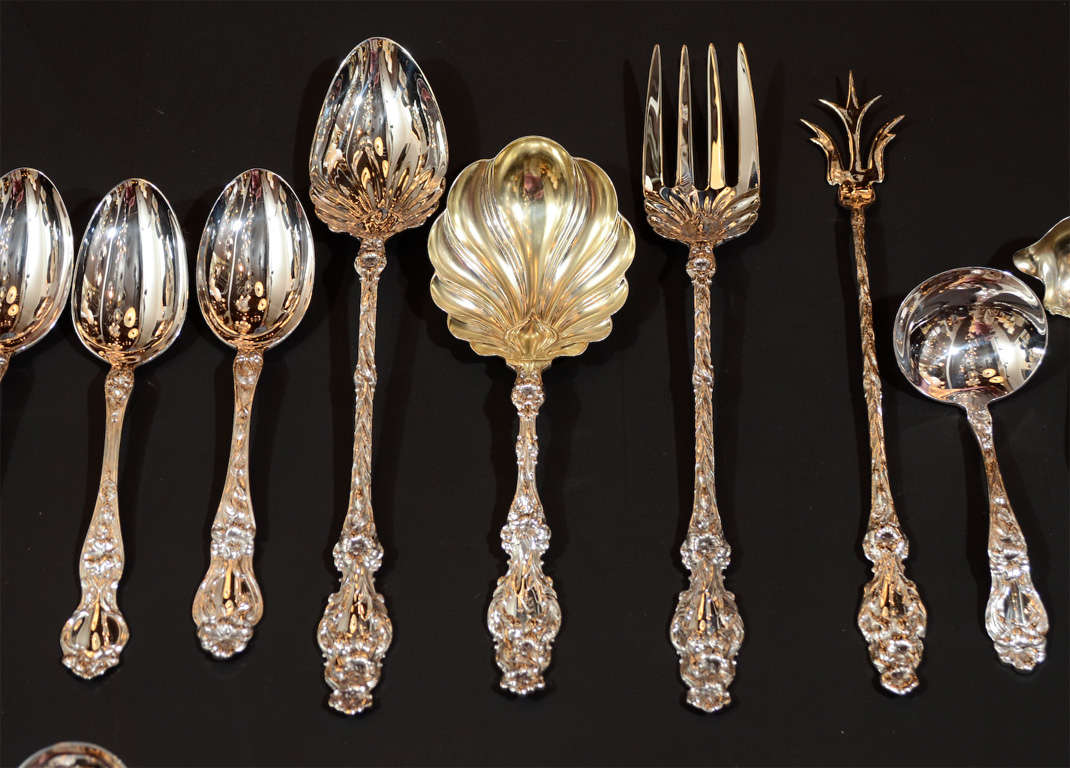 From another time is the best way to describe this incredible and complete set! This set is a complete service for 12 which included 12 dinner knives,12 Dinner forks,12 cocktail forks,12 soup spoons,24 teaspoons and 12 butter knives,The serving