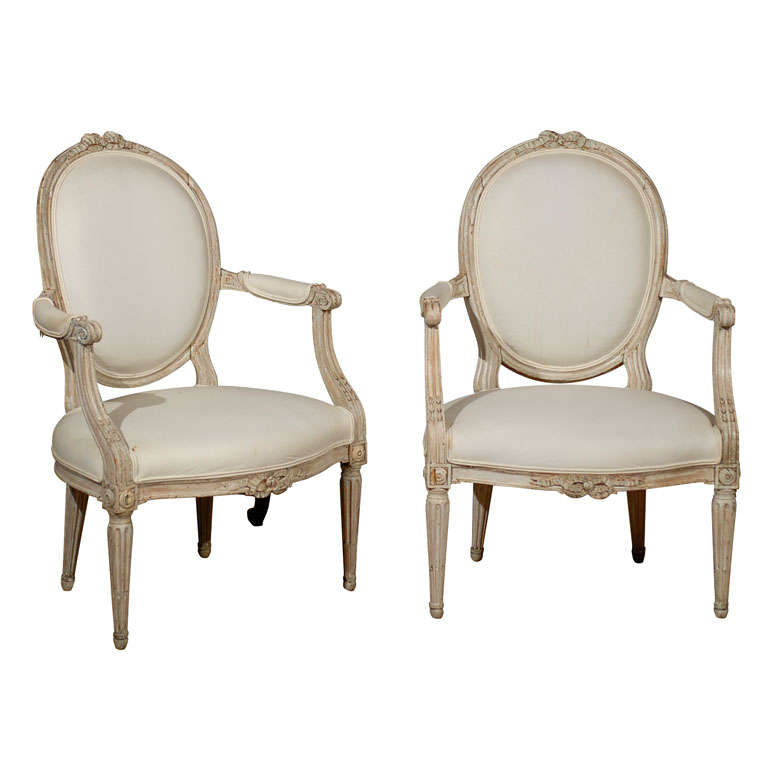 Pair of French Louis XVI Style 19th Century Painted Fauteuils with Oval Backs