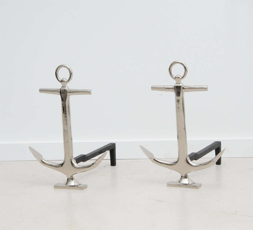 Pair of anchor andirons- nickel plate over brass.