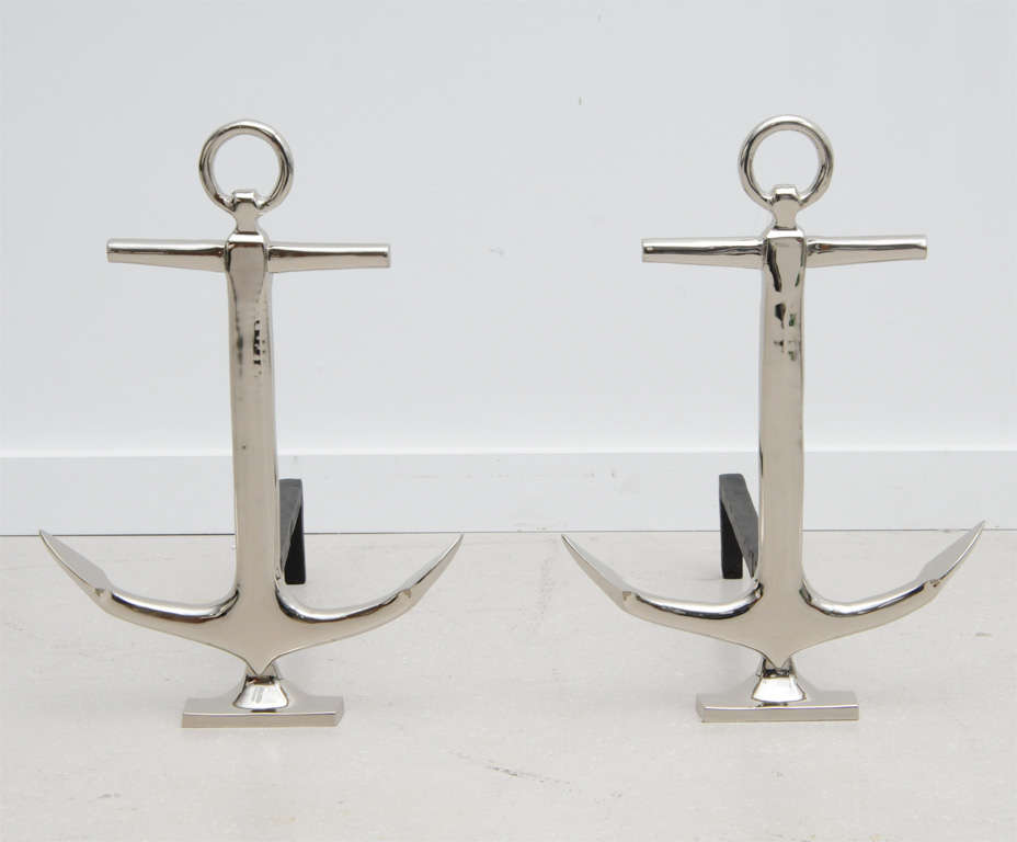 American Pair of Nickel Plated Anchor Andirons