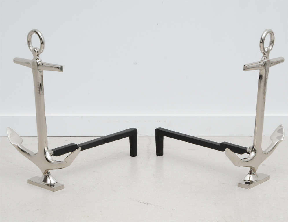 Mid-20th Century Pair of Nickel Plated Anchor Andirons