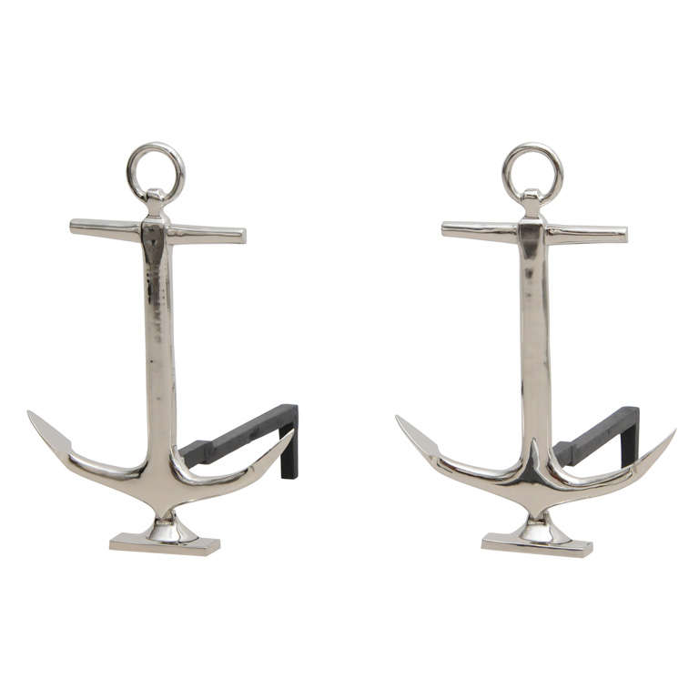 Pair of Nickel Plated Anchor Andirons