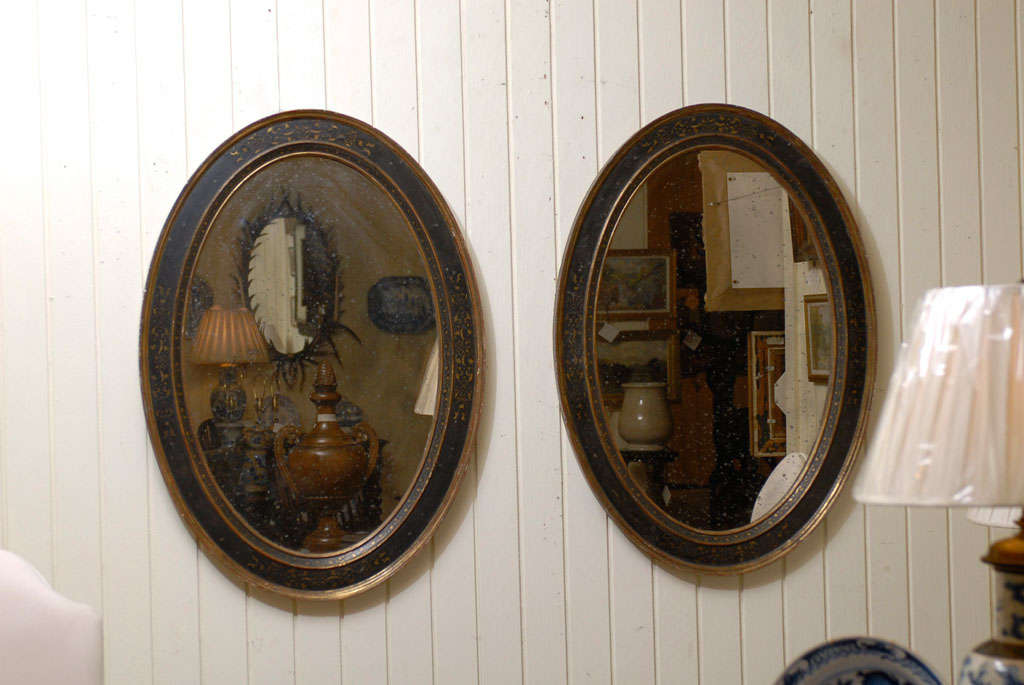 Pair Black Oval Mirrors