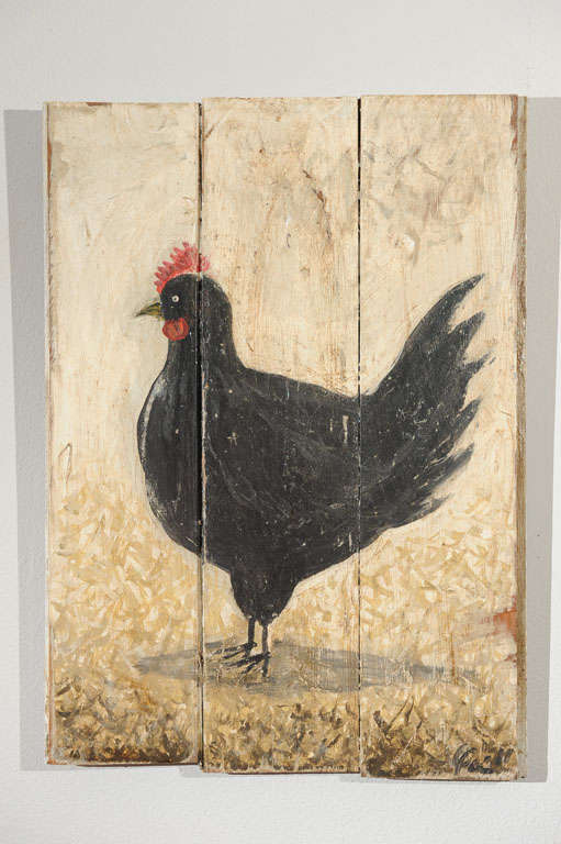A primitive painting of a chicken, painted on board by Quinn Scheibal