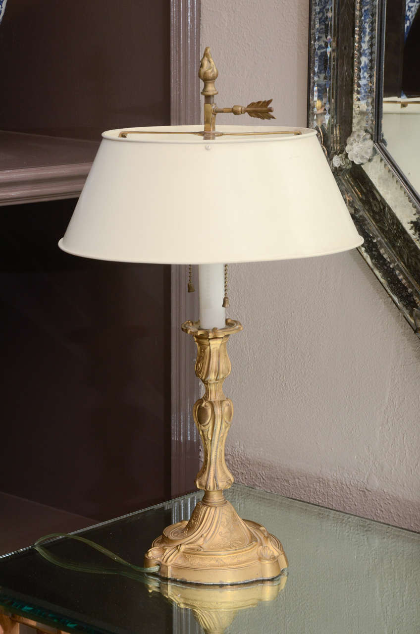Gilt Metal Candlestick Lamp with White Tole Shade In Good Condition For Sale In Water Mill, NY