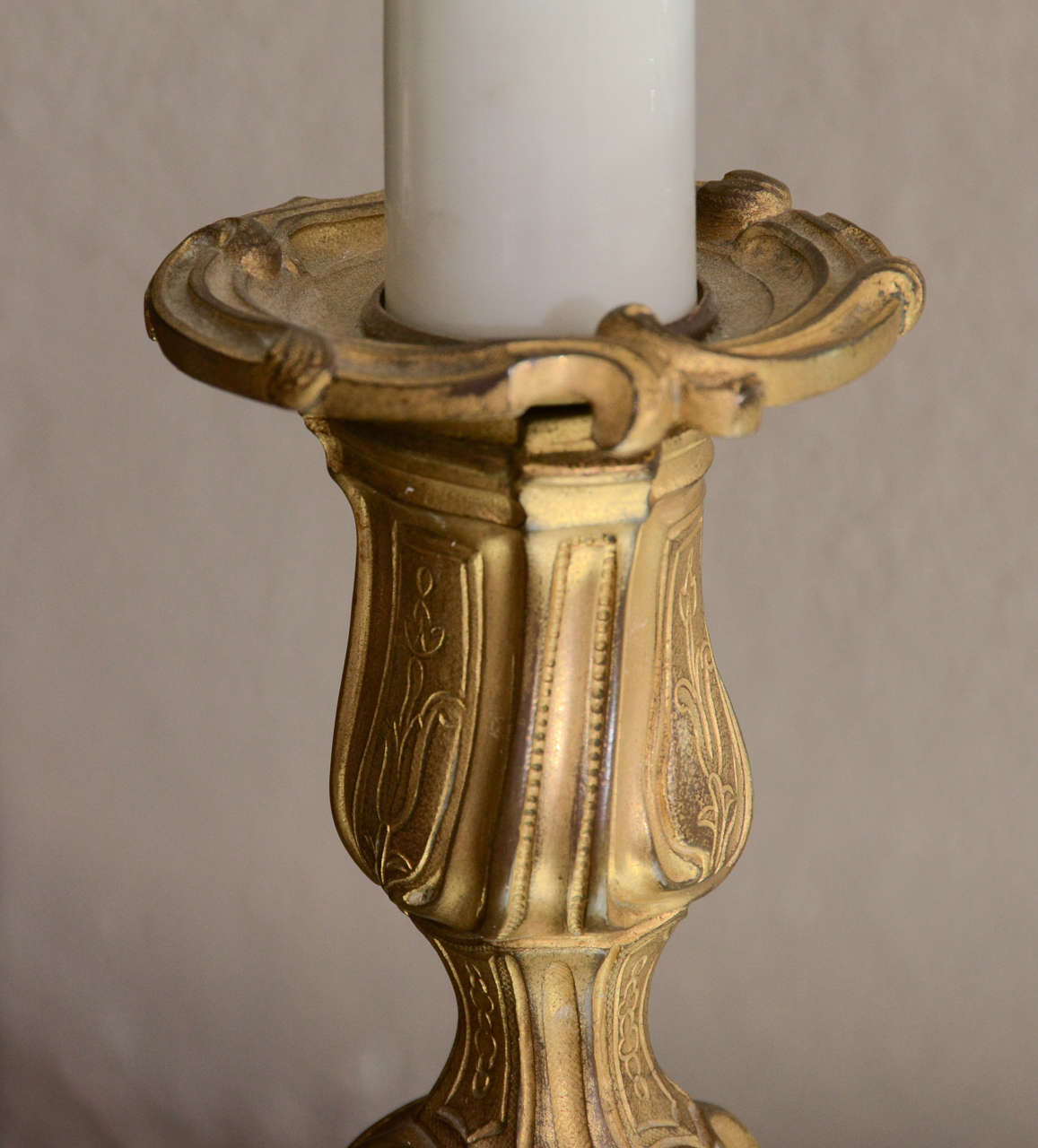 Gilt Metal Candlestick Lamp with White Tole Shade For Sale 5