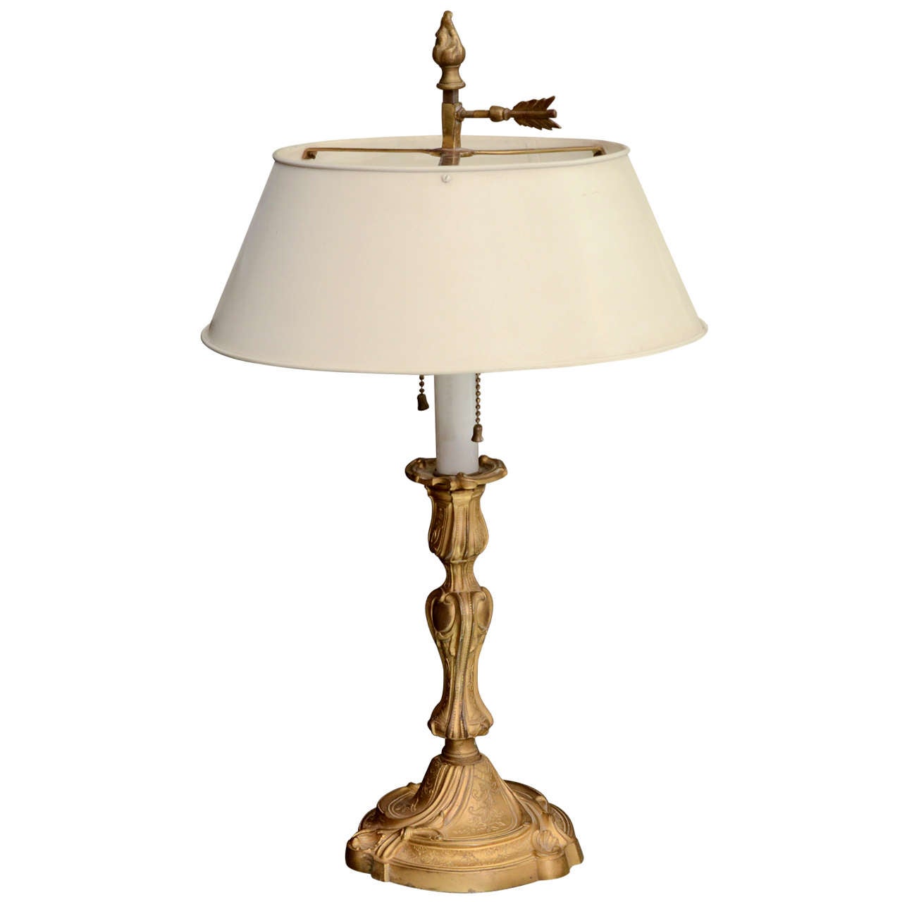 Gilt Metal Candlestick Lamp with White Tole Shade For Sale